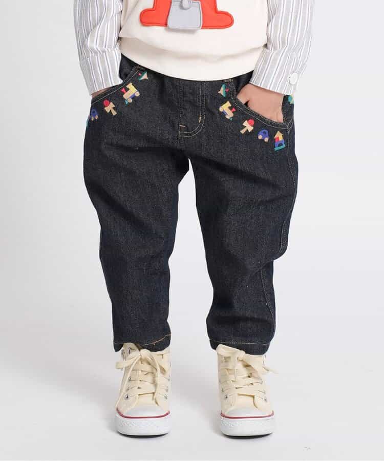 木のおもちゃ刺繍テーパードパンツ  10分丈