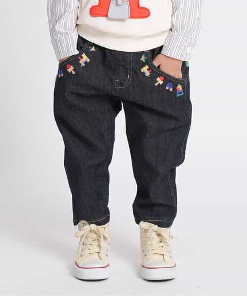 木のおもちゃ刺繍テーパードパンツ  10分丈