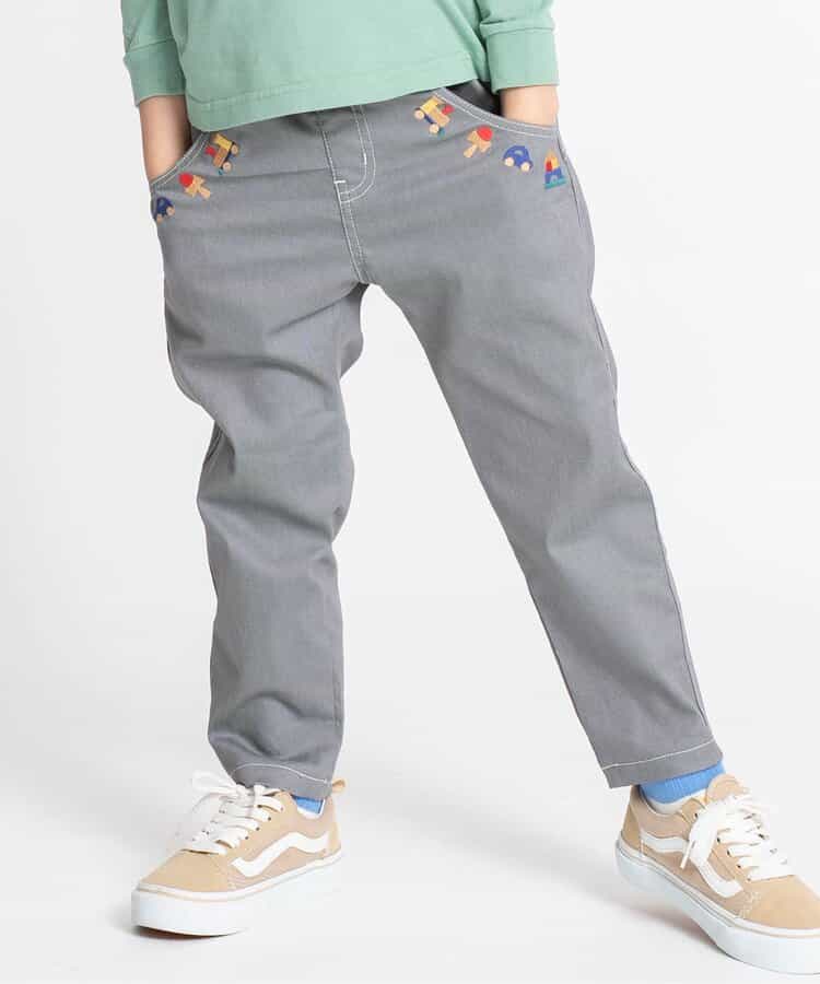 木のおもちゃ刺繍テーパードパンツ  10分丈