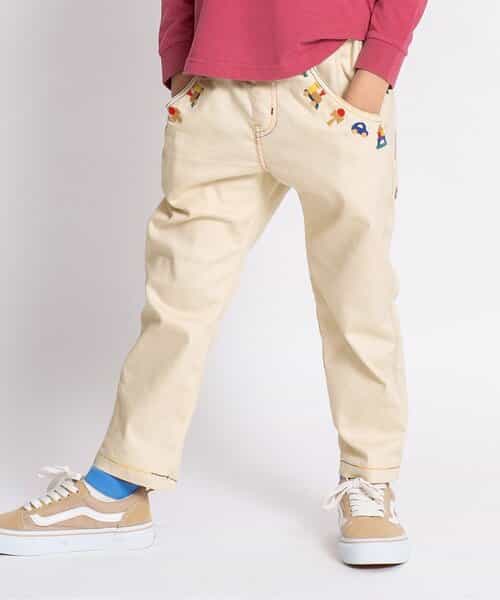 木のおもちゃ刺繍テーパードパンツ  10分丈