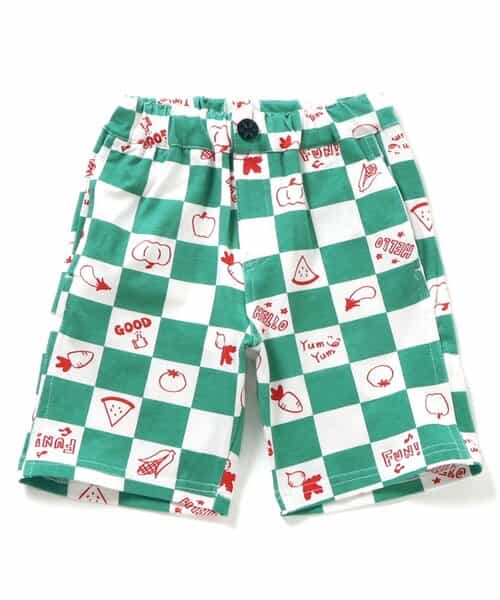 ★SALE★おっきなフルーツ柄＆ベジタブルブロックチェック柄パンツ  5分丈