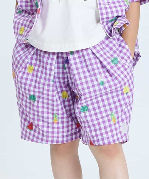 ★SALE★フルーツとベジタブルの刺繍柄チェックパンツ  5分丈