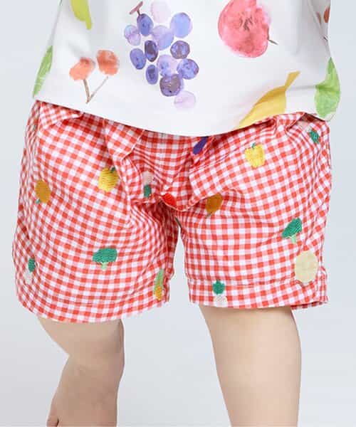 ★SALE★フルーツとベジタブルの刺繍柄チェックパンツ  5分丈
