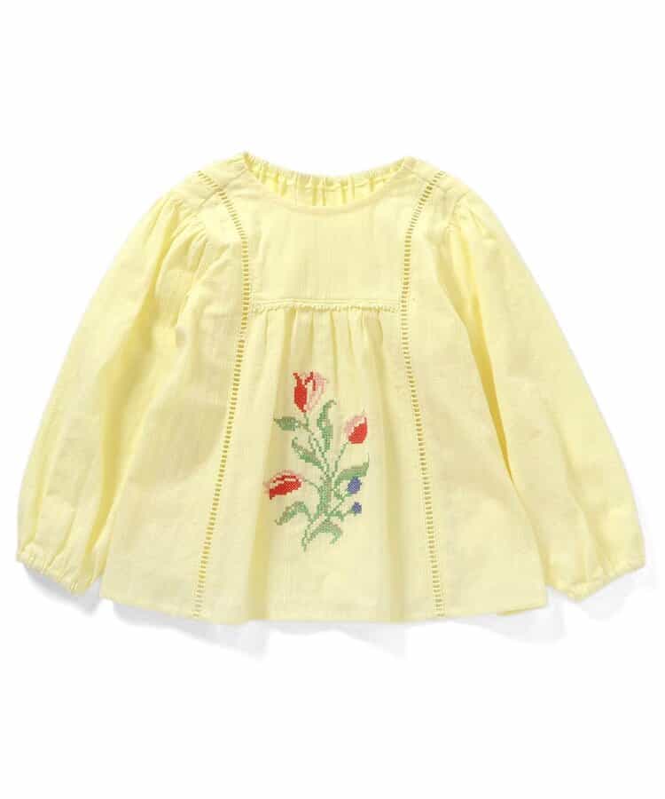 チューリップ刺繍ノーカラーブラウス