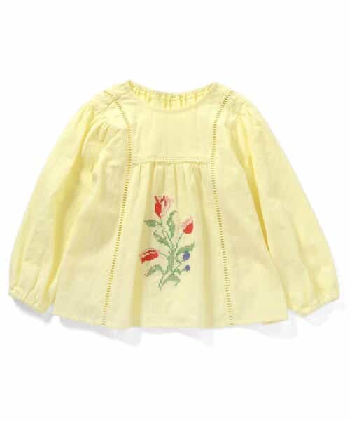チューリップ刺繍ノーカラーブラウス