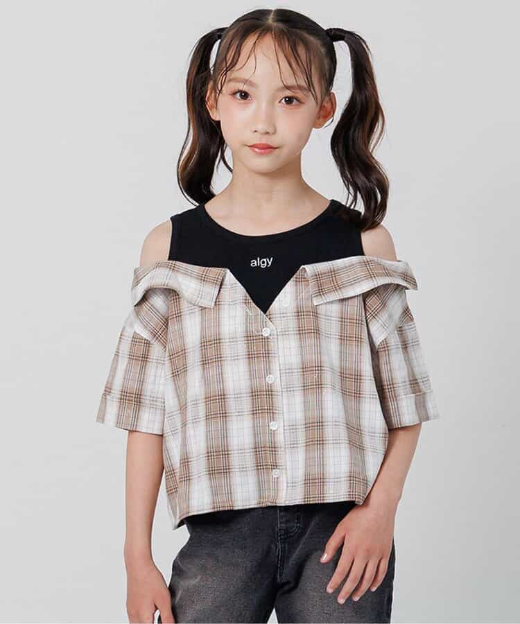 肩あきレイヤード風キラキラチェックシャツ