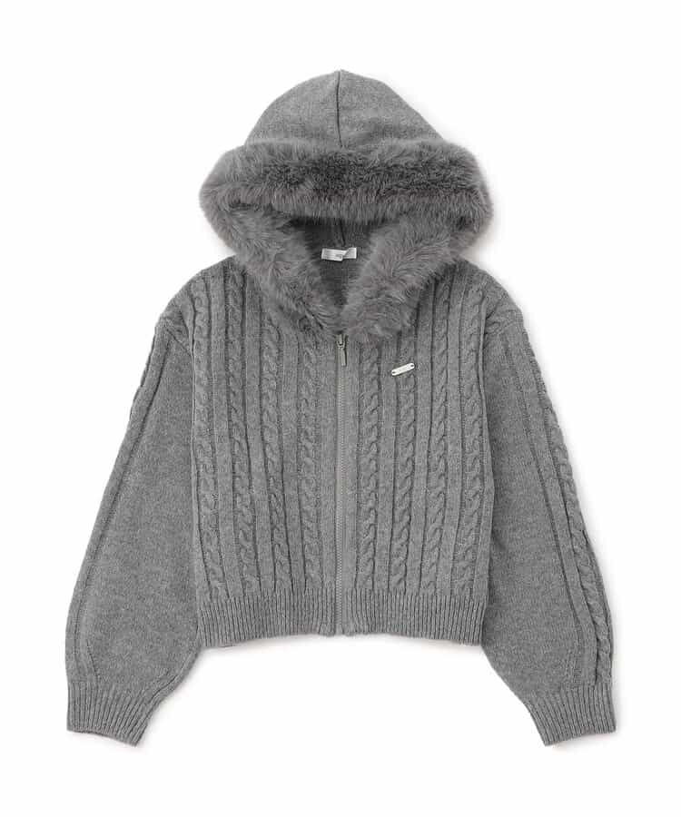 ケーブルニットファーフーディ