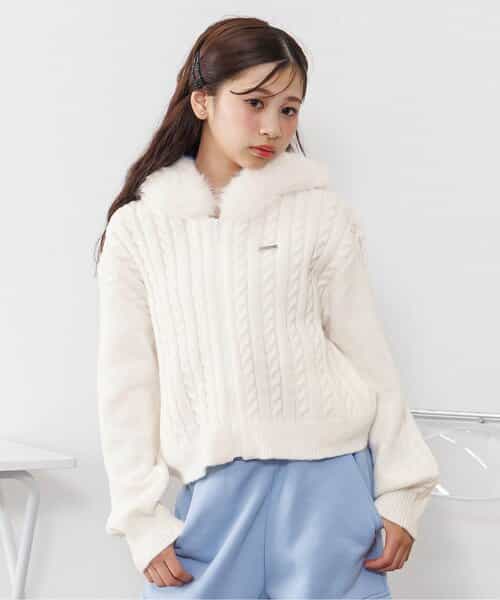 ケーブルニットファーフーディ