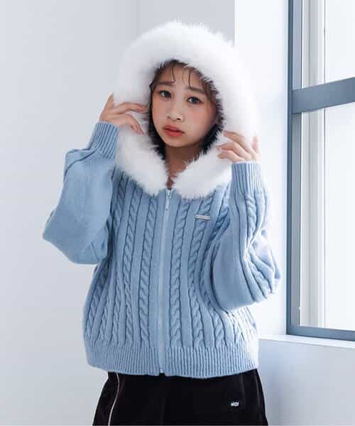 ケーブルニットファーフーディ