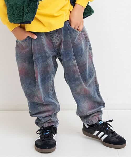 インディゴコーデユロイチェックパンツ