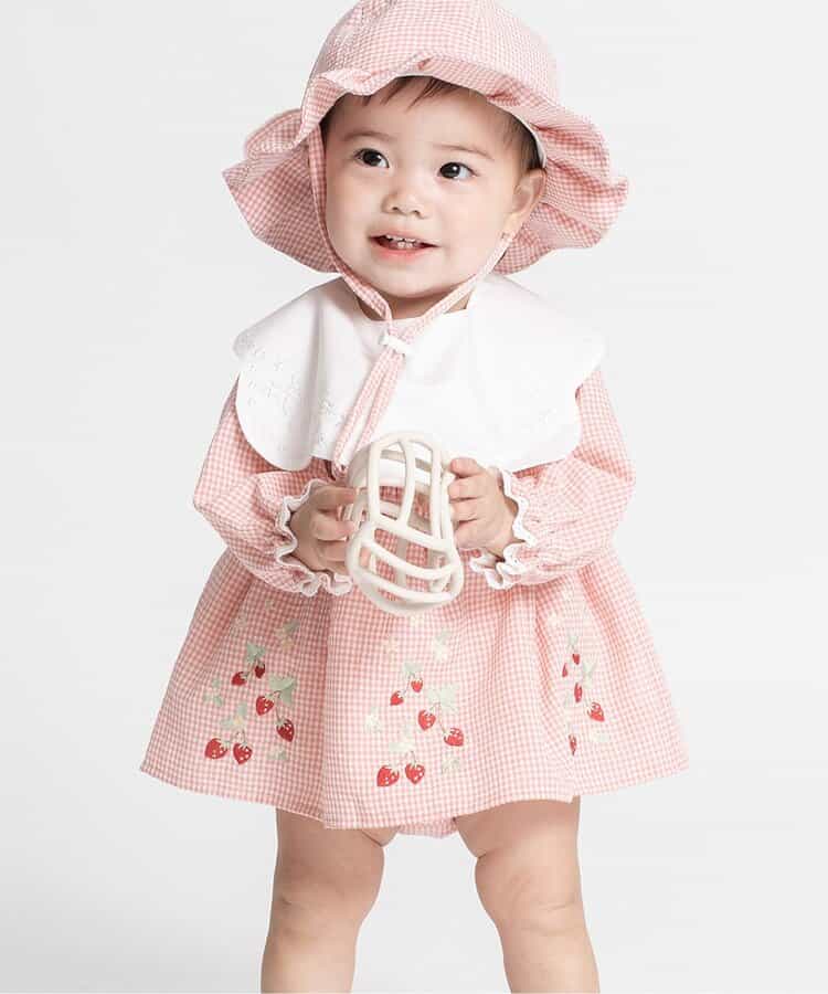 フルーツ刺しゅうシャーリングデザインカバーオール