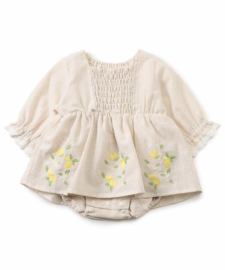 フルーツ刺しゅうシャーリングデザインカバーオール