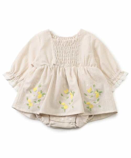 フルーツ刺しゅうシャーリングデザインカバーオール