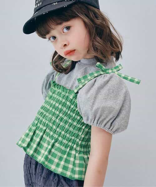 先染めチェックのシャーリングビスチェ＆トップスセット リンク セットアップ可