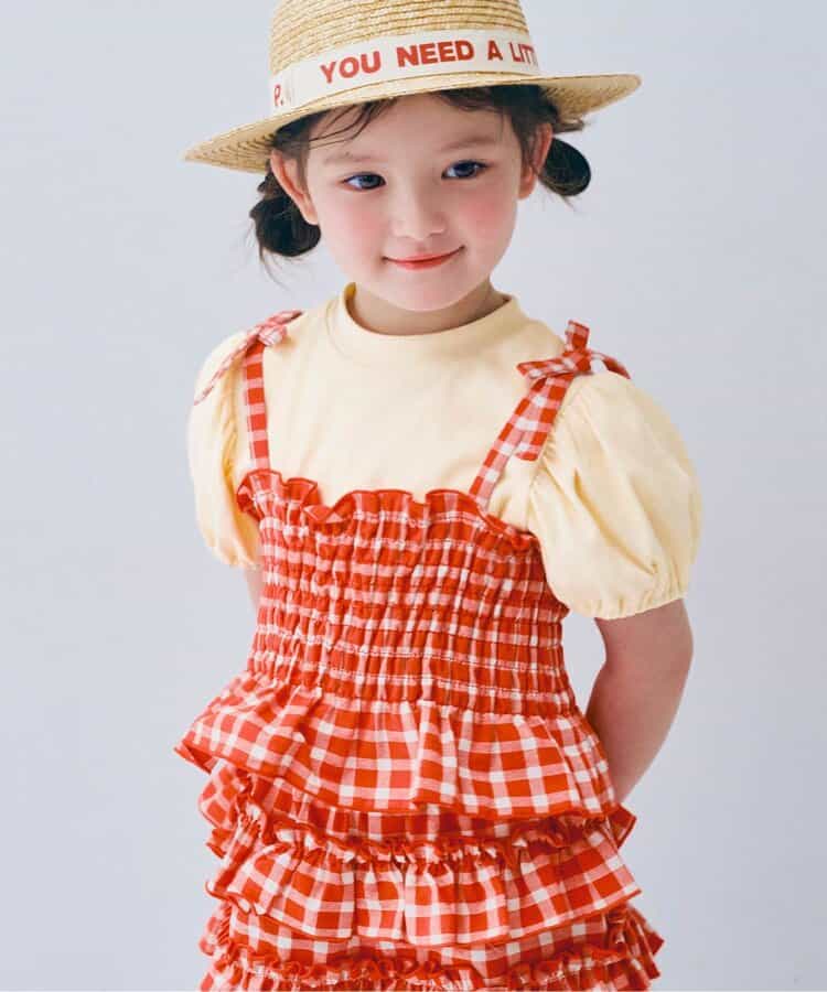 先染めチェックのシャーリングビスチェ＆トップスセット リンク セットアップ可