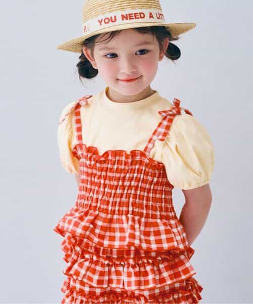 先染めチェックのシャーリングビスチェ＆トップスセット リンク セットアップ可