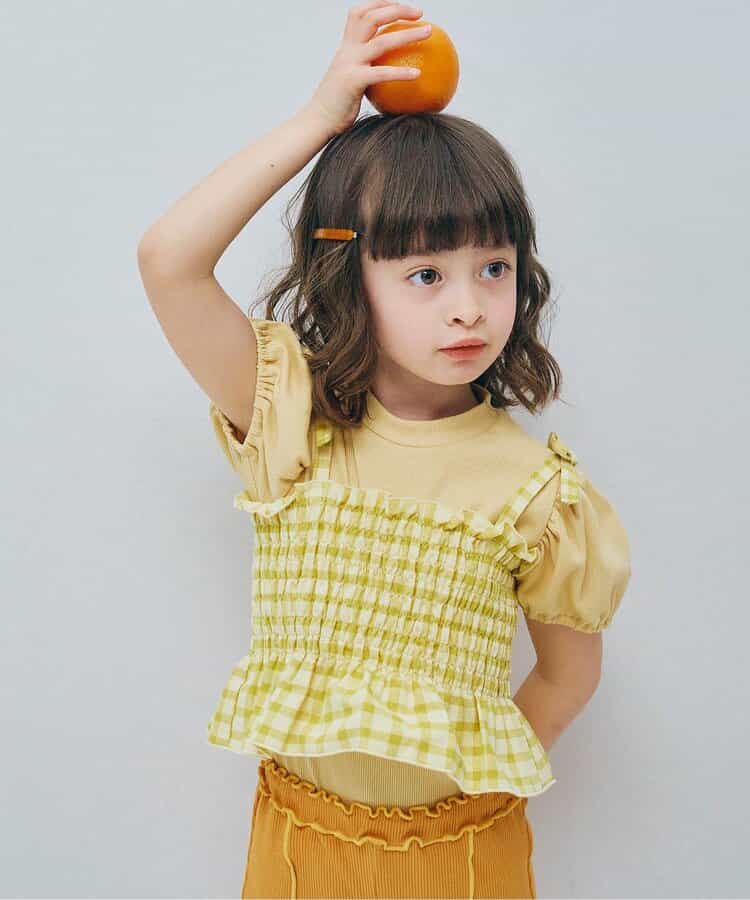 先染めチェックのシャーリングビスチェ＆トップスセット リンク セットアップ可