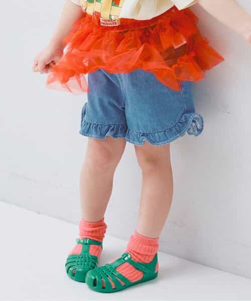 カラーツイル＆デニムラウンドヘムフリルショートパンツ リンク