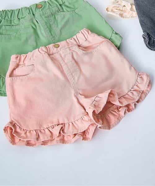 カラーツイル＆デニムラウンドヘムフリルショートパンツ リンク