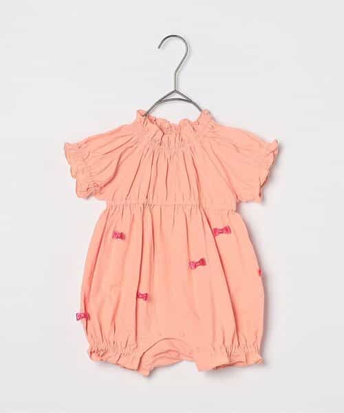 ★SALE★いっぱいリボンのシャーリングパンプキンロンパース