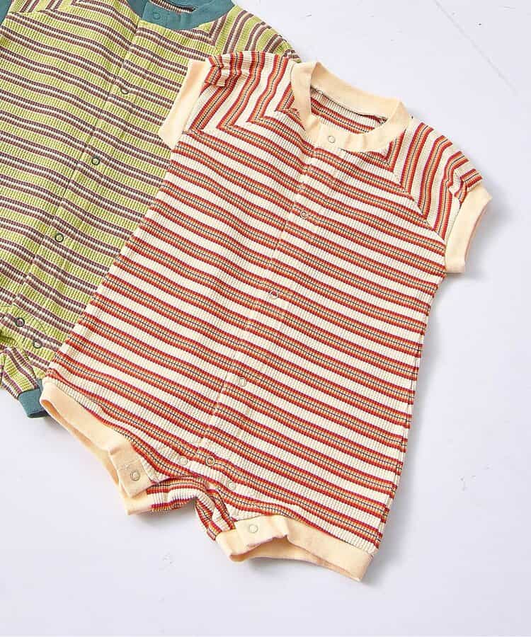 先染めボーダーワッフルロンパース リンク