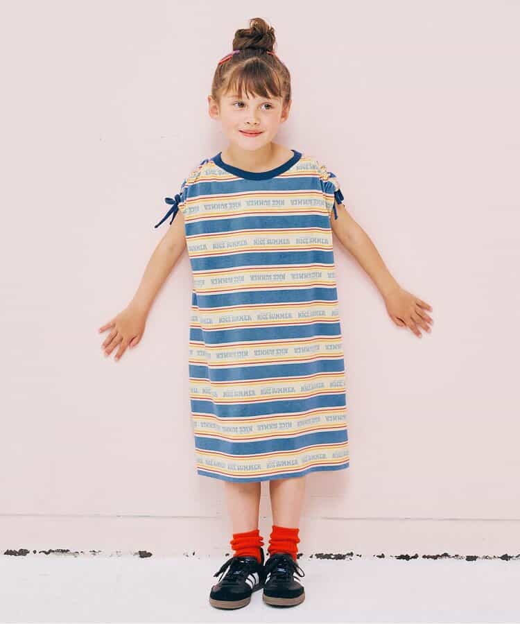 ★SALE★【リンク】夏だいすきロゴボーダーシャーリングスリーブワンピース