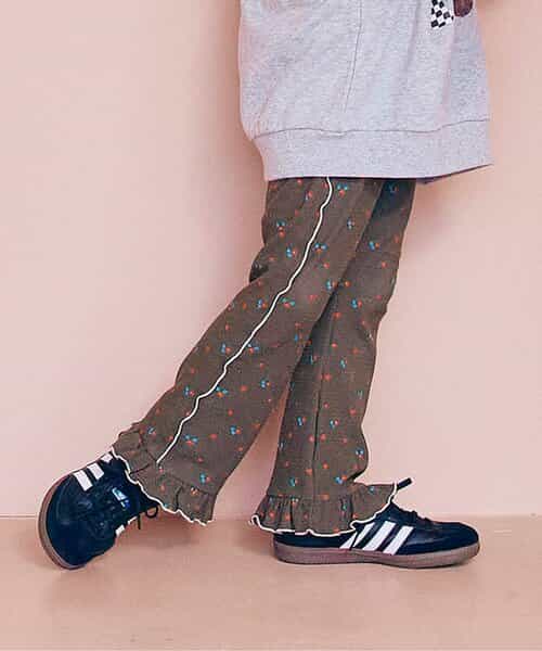 総柄ストレッチワッフル裾フリルフレアパンツ