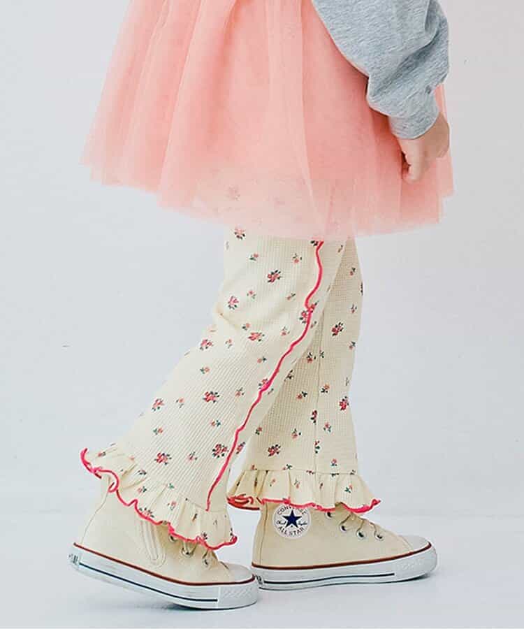 総柄ストレッチワッフル裾フリルフレアパンツ