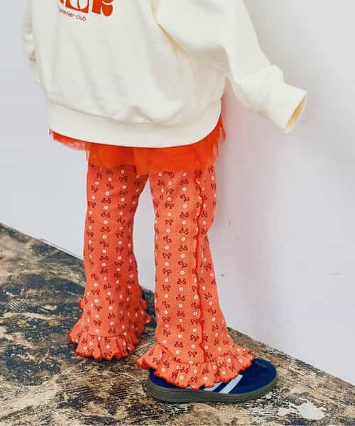 総柄ストレッチワッフル裾フリルフレアパンツ