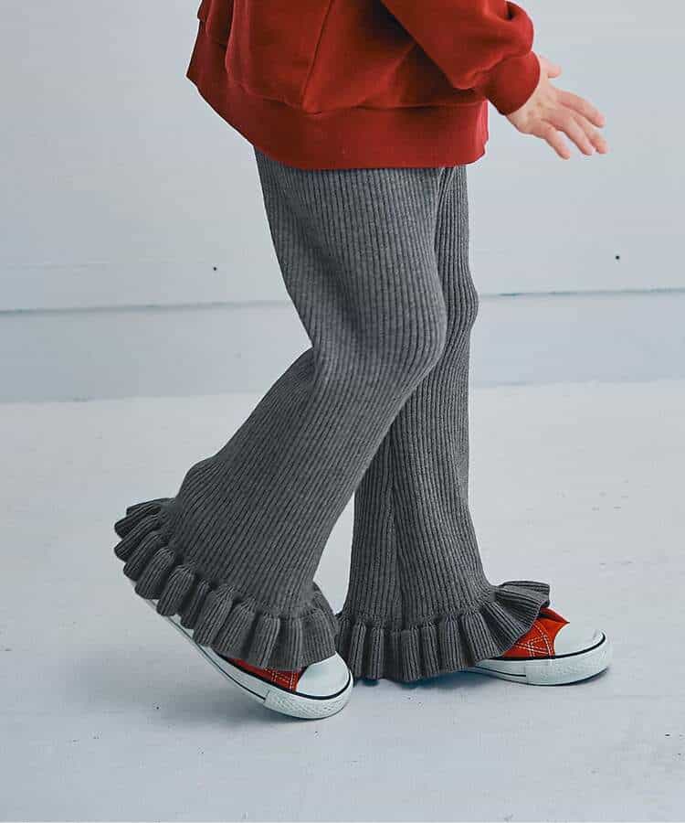 ぬくぬくリブ編みニット裾フリルパンツ