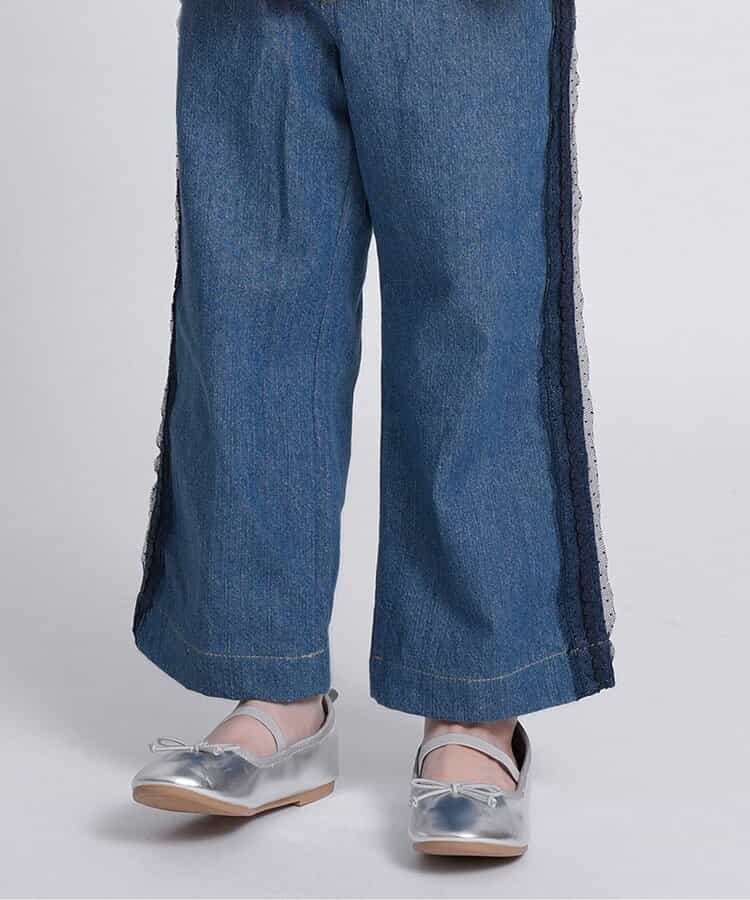 チュールレースラインデニムストレートパンツ  10分丈