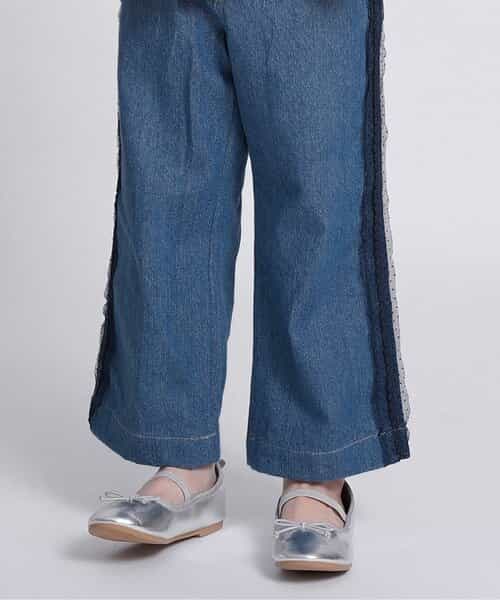 チュールレースラインデニムストレートパンツ  10分丈