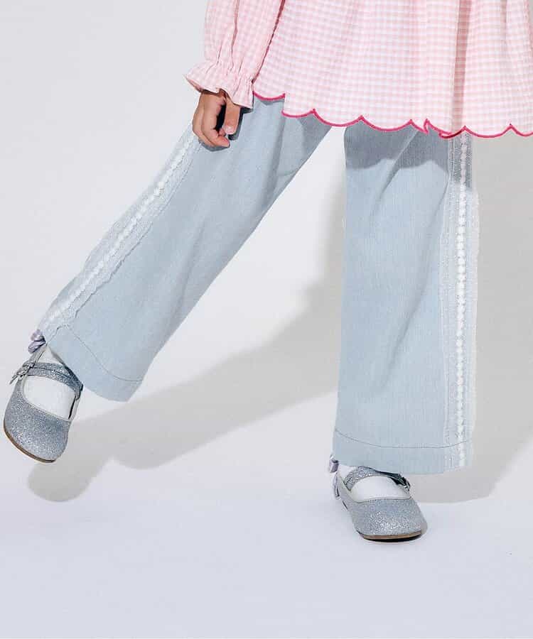 チュールレースラインデニムストレートパンツ  10分丈