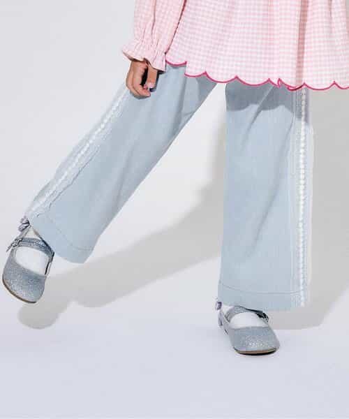 チュールレースラインデニムストレートパンツ  10分丈