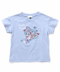 familiar 水色 Tシャツ 女の子と犬刺繍 familiar 水色 Tシャツ 女の子と犬刺繍