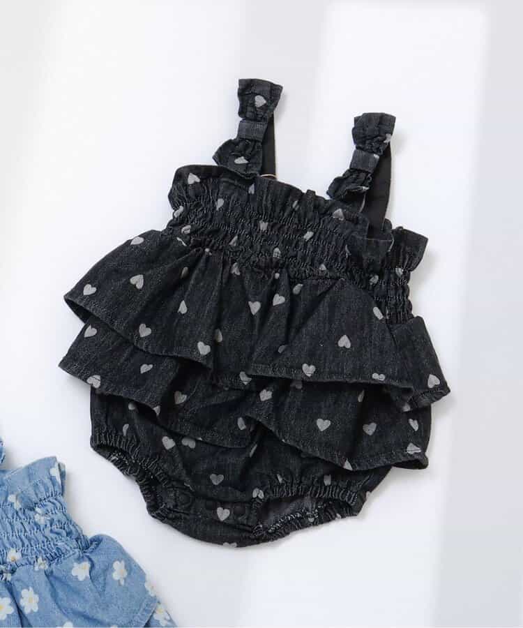 【リンク】総柄肩リボンシャーリングベビーサロペット