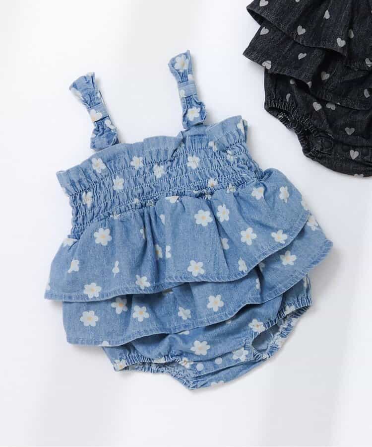 【リンク】総柄肩リボンシャーリングベビーサロペット