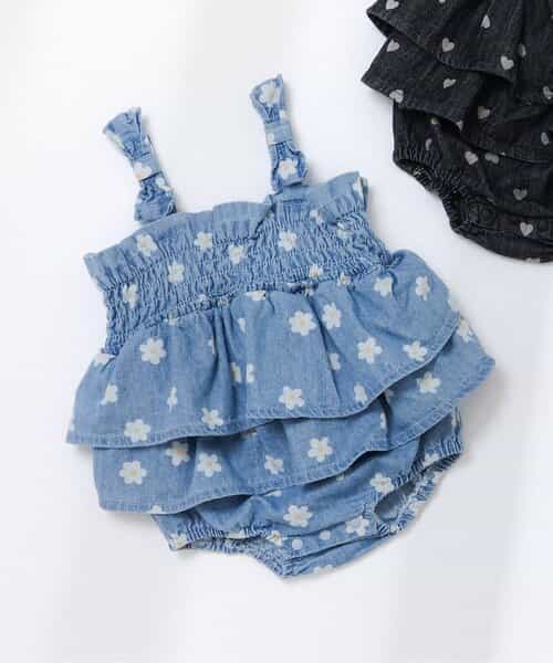 【リンク】総柄肩リボンシャーリングベビーサロペット