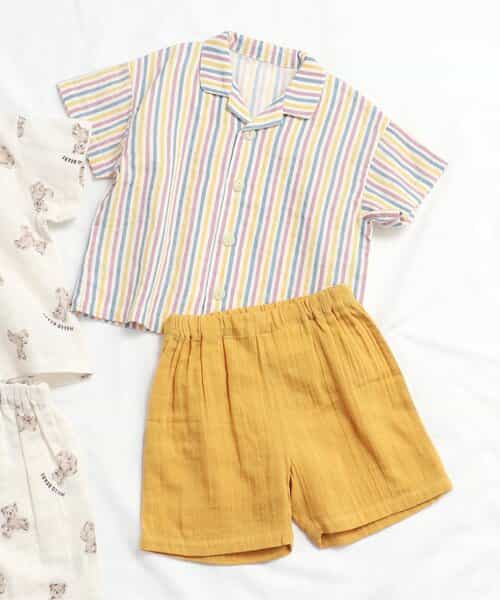 ★SALE★【リンク】ストライプ・クマ柄 開襟ガーゼパジャマ 5分丈