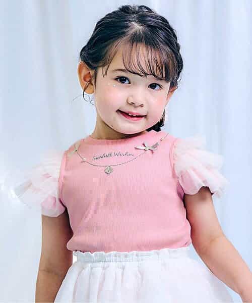 ★SALE★ネックレス風チュールスリーブTシャツ_接触冷感