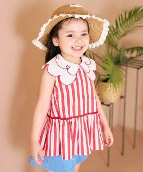 カラーストライプ・ギンガムスカラップハート衿チュニック