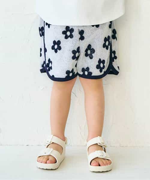 ★SALE★【リンク】フラワー・ストライプ柄パイルハーフパンツ  4分丈