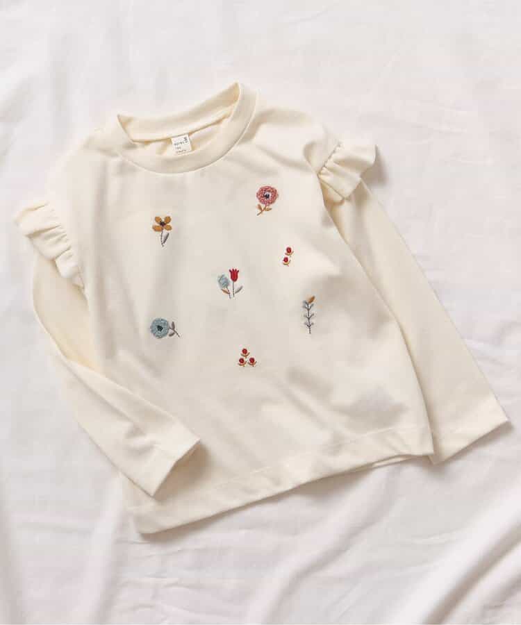 WEB限定 肩フリル フラワーモチーフTシャツ