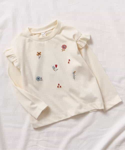 WEB限定 肩フリル フラワーモチーフTシャツ