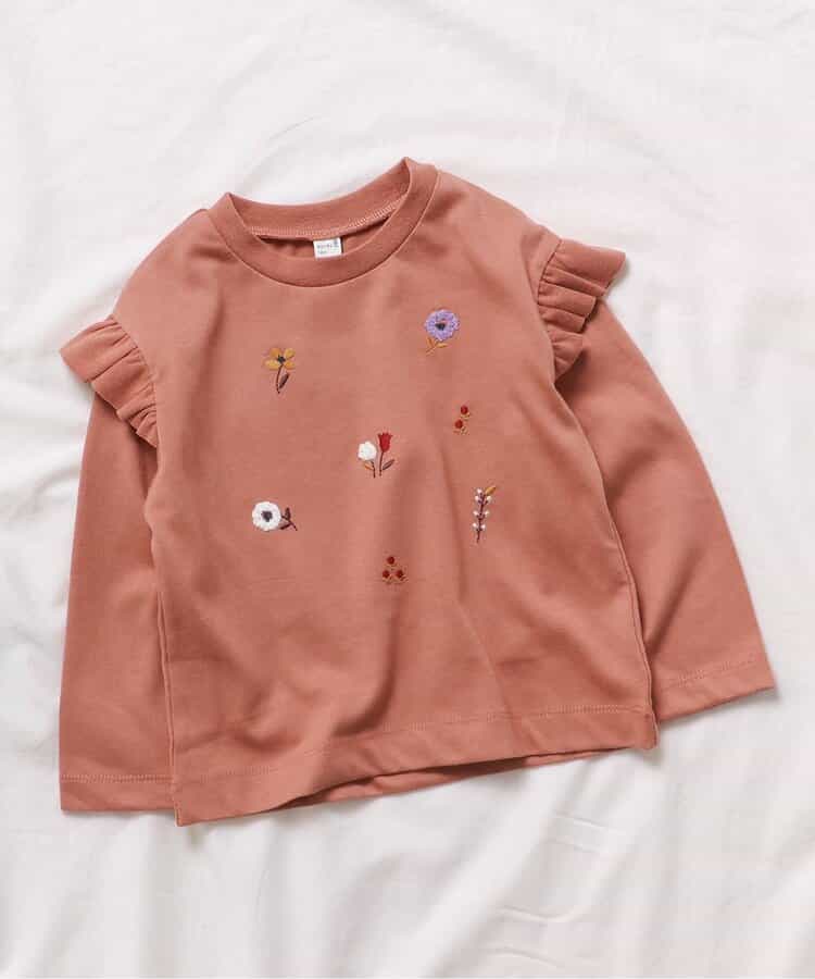 WEB限定 肩フリル フラワーモチーフTシャツ