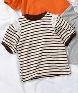 肩フリルフラワーモチーフTシャツ