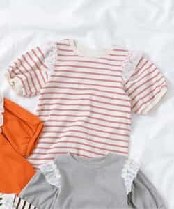 肩フリルフラワーモチーフTシャツ