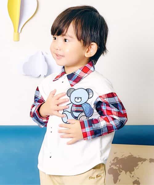 ★SALE★tiny bear ストライプ＆パッチワークシャツ